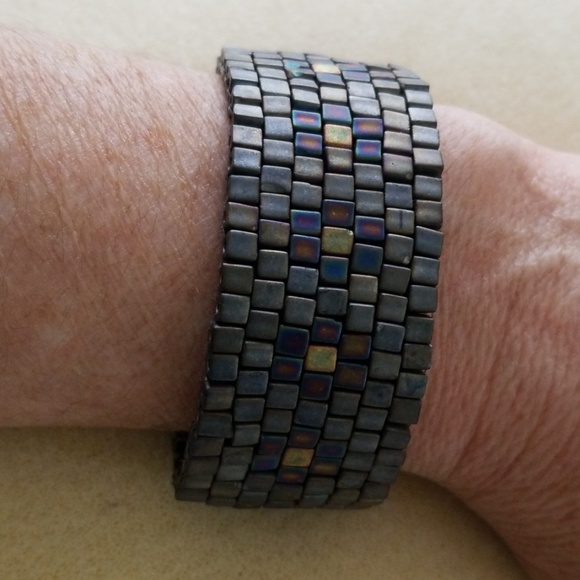 Handmade Grey Blue Peyote Stitch Bracelet Cuff
